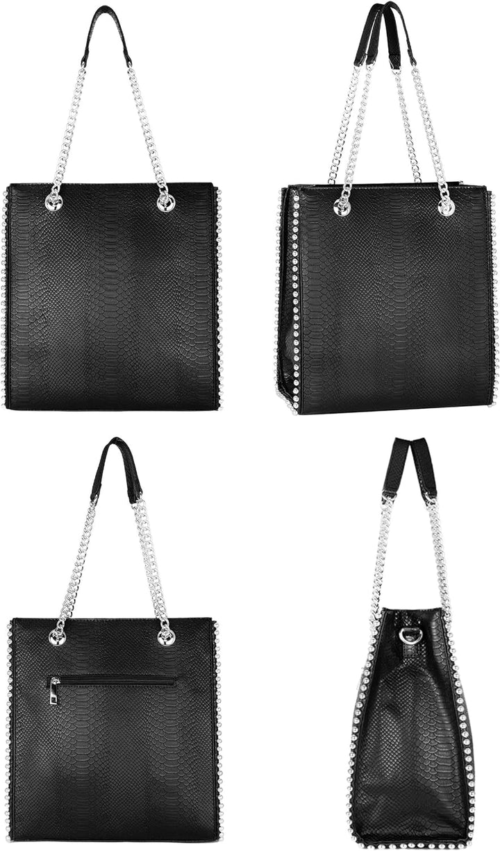 CRAZYCHIC - Damen Ketten Handtasche - Tote Shopper Nieten Perlen - Schlange PU Leder Schultertasche