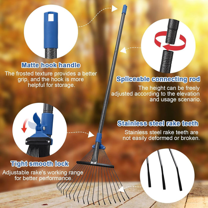 Garten Rechen, 183cm Laubrechen Metall mit Verstellbar Stiel Set - mit 32 Gallonen Laubsäcken und 2
