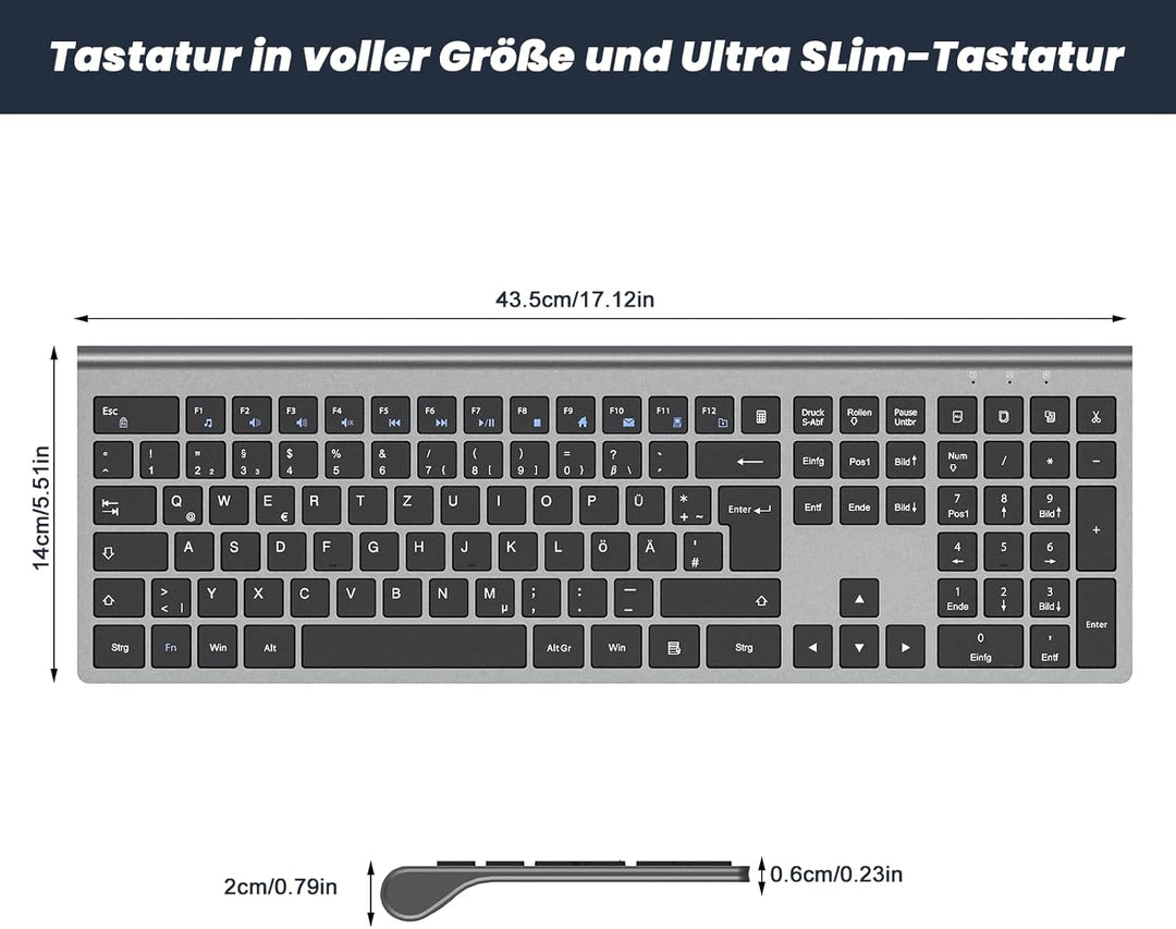 cimetech Kabellose Tastatur Kabellos Deutsches QWERTZ Layout Wireless Keyboard Wiederaufladbare Full