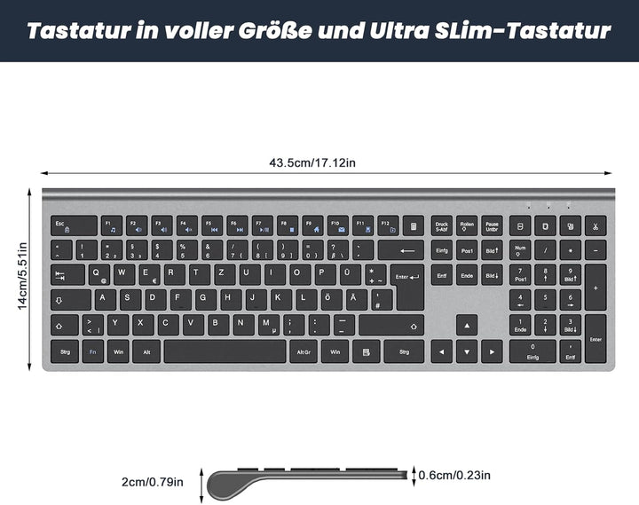 cimetech Kabellose Tastatur Kabellos Deutsches QWERTZ Layout Wireless Keyboard Wiederaufladbare Full