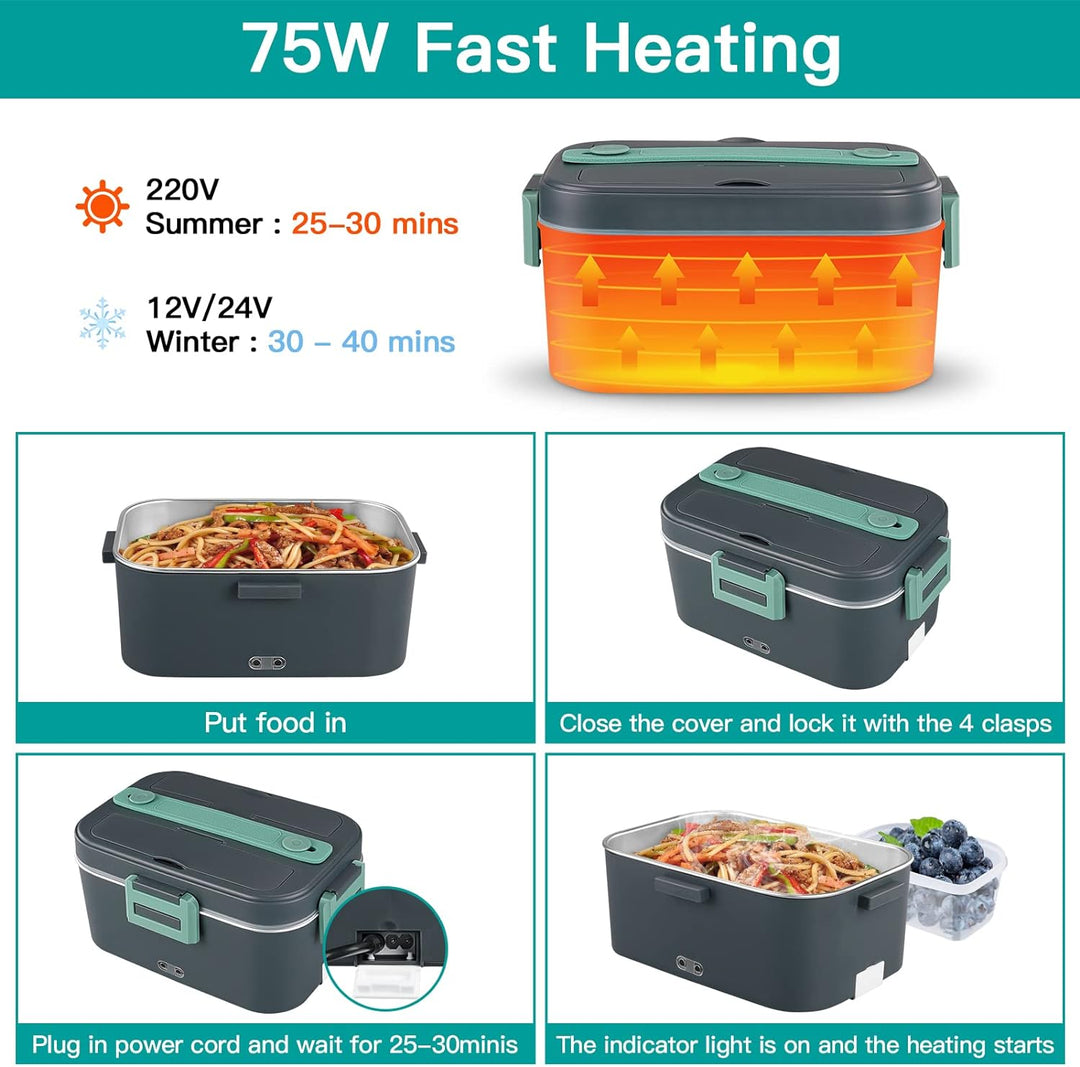 XREXS 1.8L Elektrisch beheizte Lunchbox, 75W Tragbarer Speisenwärmer für Auto, LKW/Büro/Zuhause - Gr