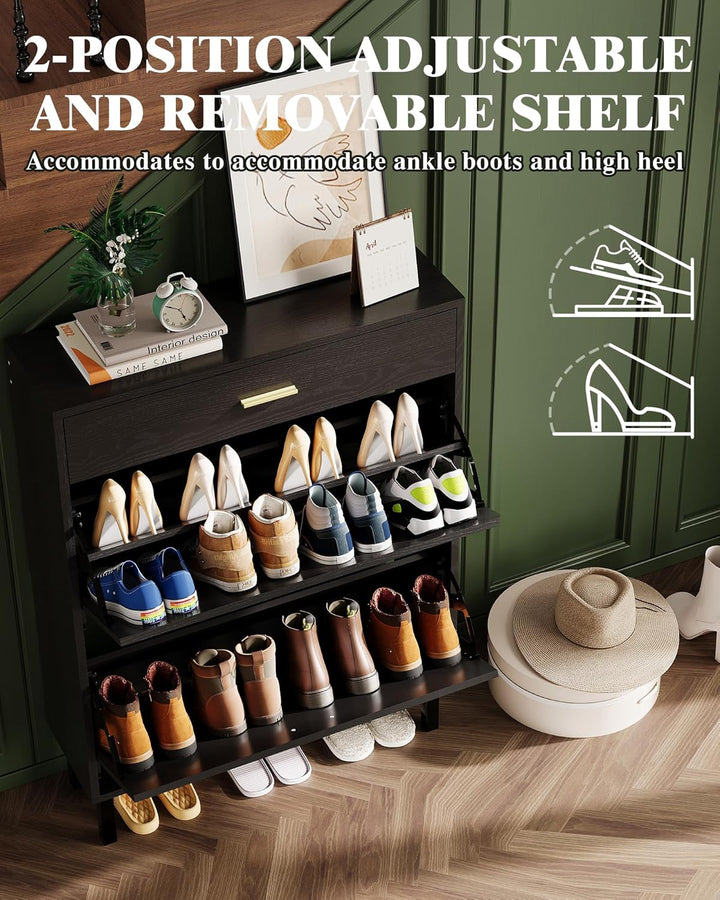 Platzsparender Schmaler Schuhschrank, 3 Schubladen, 3-Fach Verstellbare Einlegeböden, Aus Holz, Frei