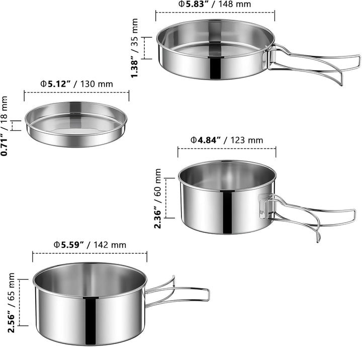 ZOENHOU Camping Kochgeschirr Set 4-teilig, Campingtopf aus Edelstahl 304, 900ml + 600ml Töpfe, 450ml