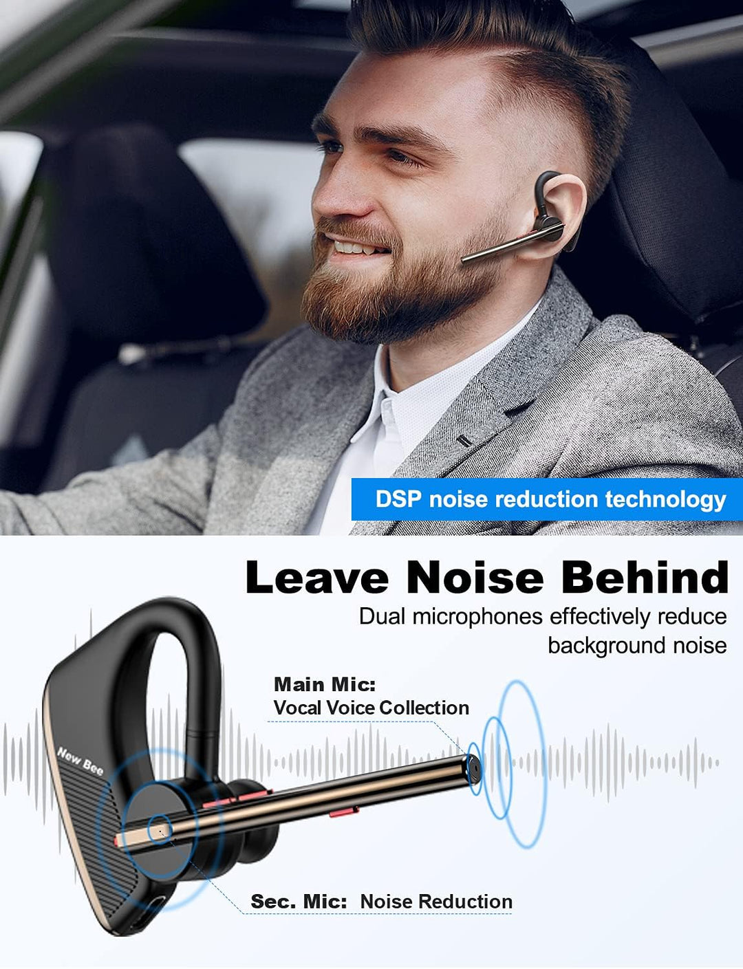 New bee Bluetooth Headset mit Mikrofon Bluetooth V5.2 Wireless Headset 24Hrs Sprechzeit CVC8.0 Dual
