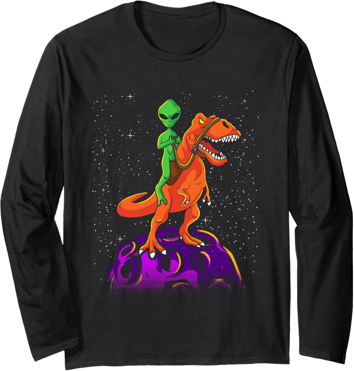 Alien Riding Dinosaur T-Rex Kids Boys Outer Space Planets Langarmshirt
