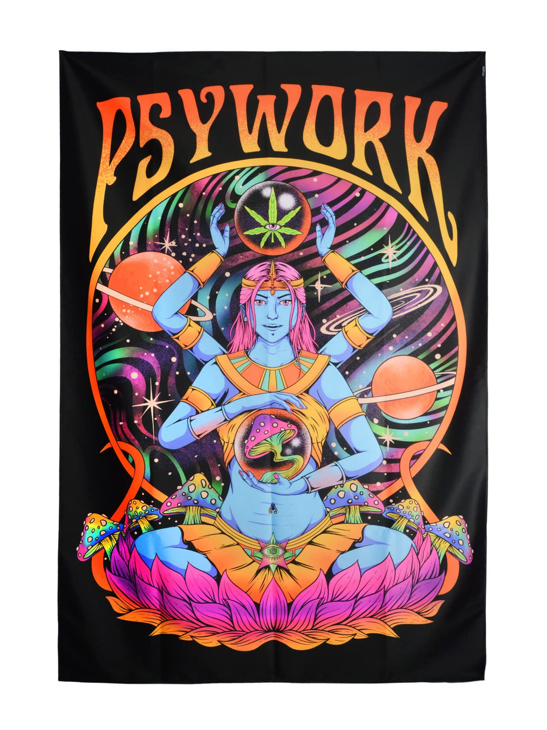 PSYWORK Schwarzlicht Stoffposter Neon Godness | 1,5 x 2,25m | UV-aktiv | fluoreszierend | Wandbehang