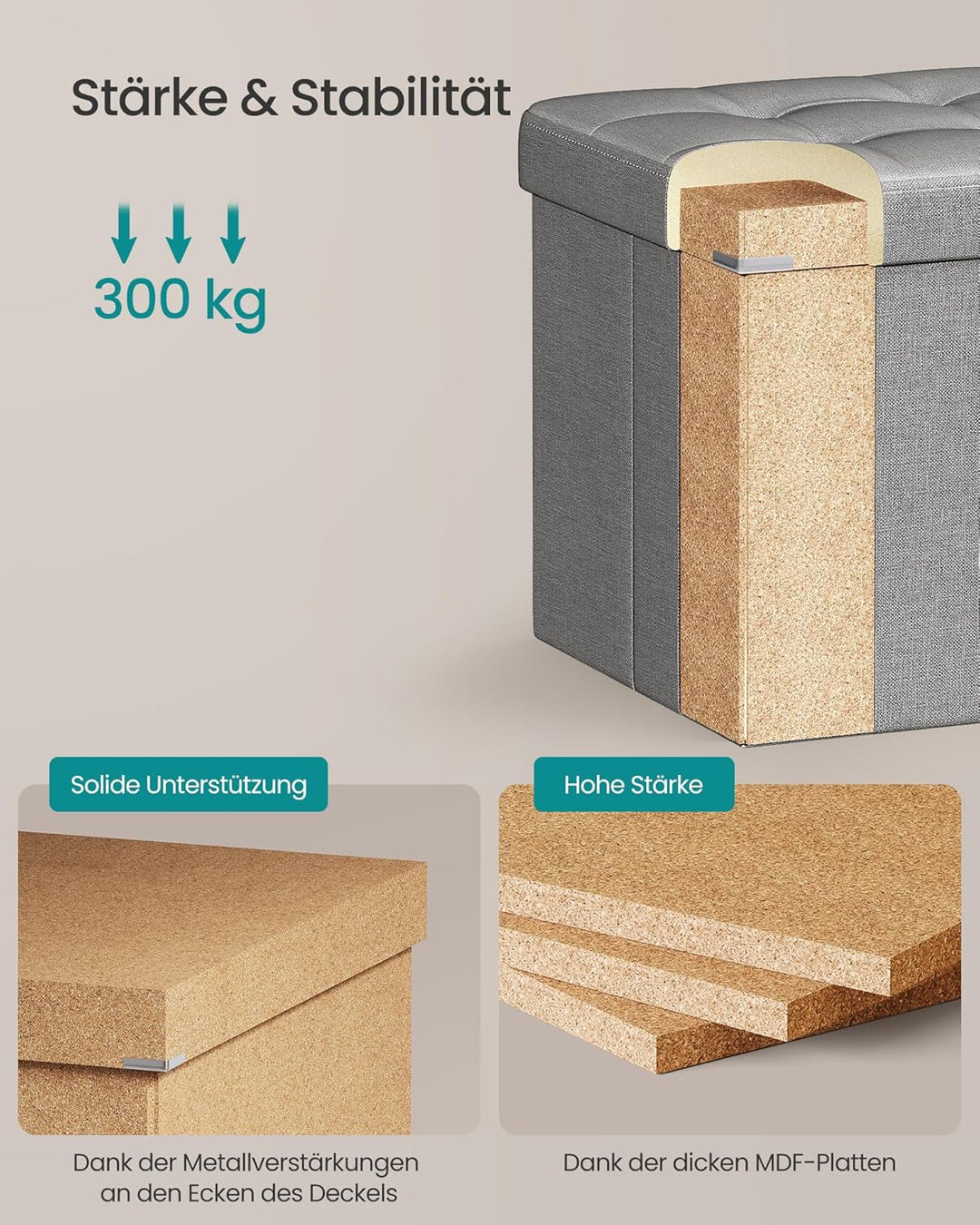 SONGMICS Sitzhocker mit Stauraum, klappbare Sitzbank, 38 x 76 x 38 cm Fussbank, Aufbewahrungsbox, bi