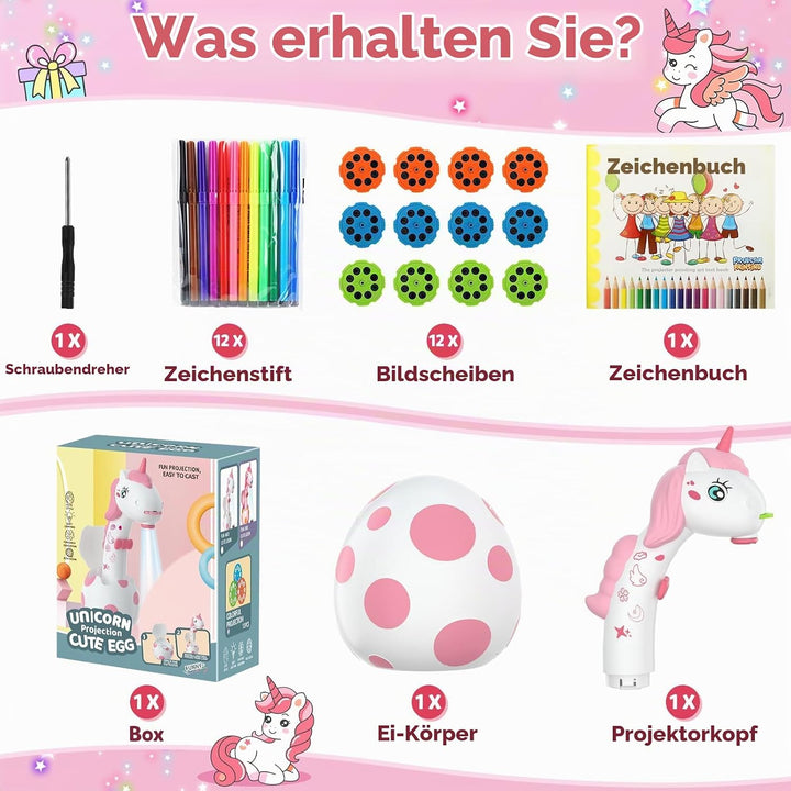 Geschenke für Mädchen Kinder Zeichenprojektor mit 96 Motiven, KETIEE Einhorn Kunst Projektor für Zei