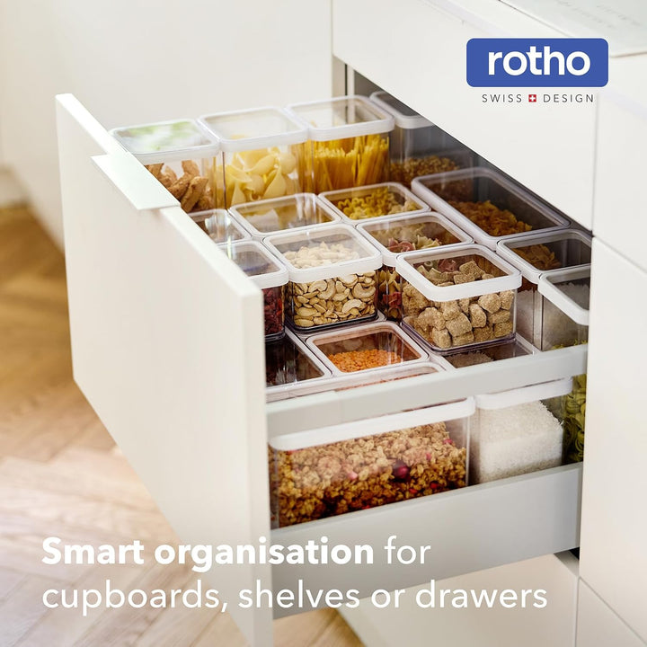 Rotho LOFT 24er-Set Vorratsdosen mit Dekel, stapelbar, aromadicht, spülmaschinenfest (Transparent/We