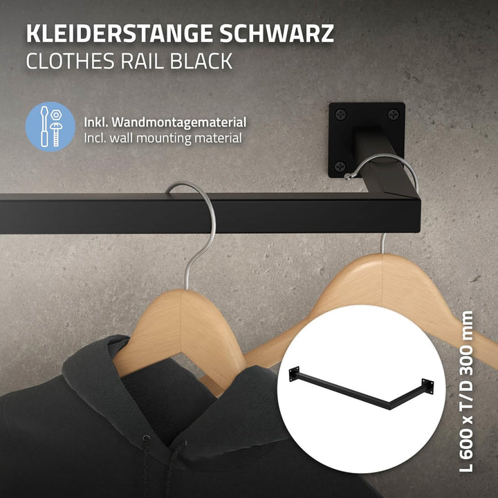 ML-Design Kleiderstange Übereck für die Wand, T30cm x B60cm, Schwarz, aus Stahl, rostfrei, Garderobe
