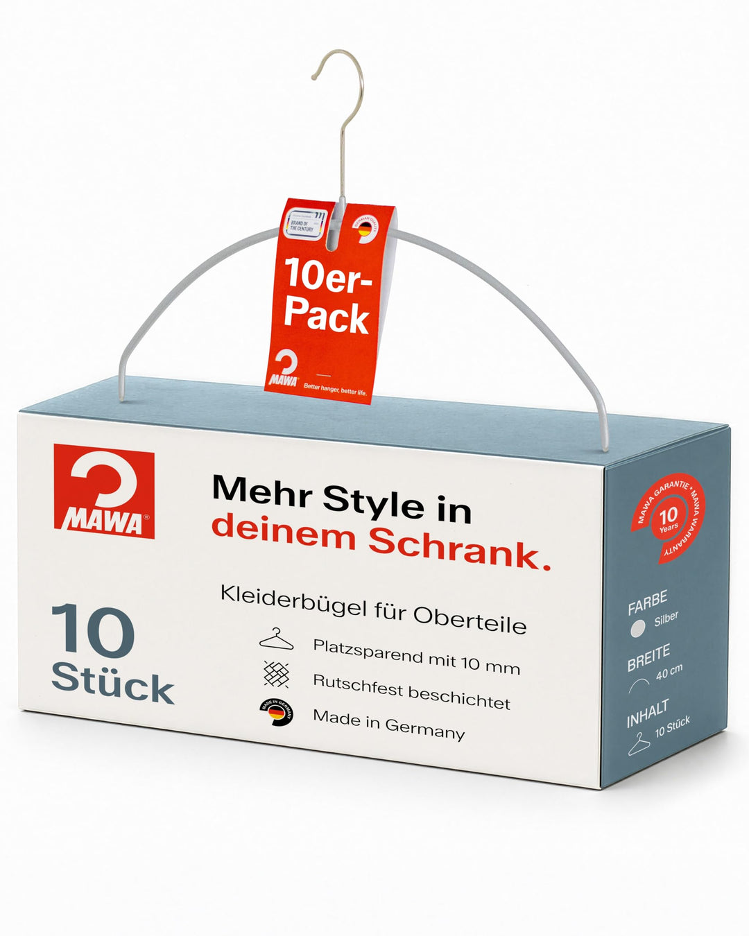 MAWA Kleiderbügel, Set mit 10 hochwertigen, platzsparenden, rutschfesten Kleiderbügeln, ideal für T-