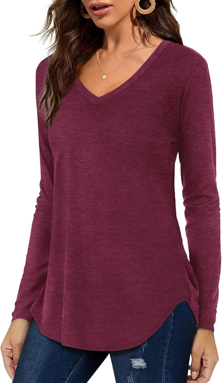 Florboom Tunika Damen Langarm/Kurzarm V Ausschnitt Oberteil Shirts Basic Casual Longshirt L A-rot, L
