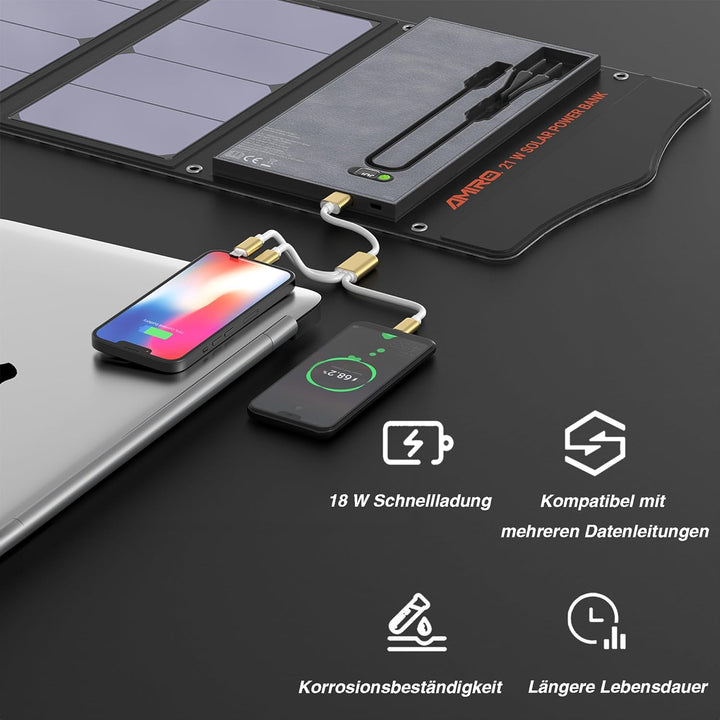 Yard Force 21W tragbares Solar-Ladegerät mit 2 USB-Anschlüssen, 13000 mAh integrierter Batterie, Sol