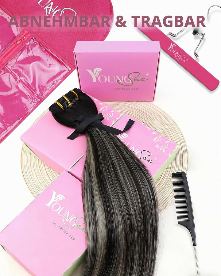 YoungSee Echthaar Extensions Clip Ombre Schwarz 7 Stück 30cm Clip in Extensions Echthaar Schwarz Bal