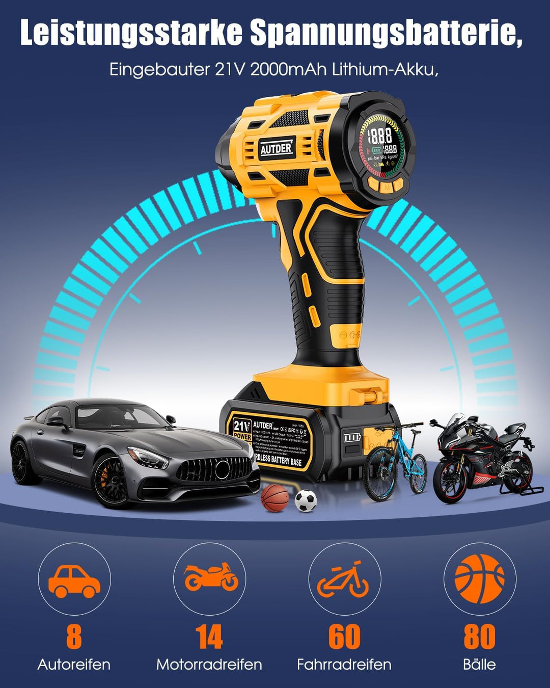 AUTDER Tragbarer Luftkompressor, kabelloser Reifenfüller, 180 PSI mit zwei Stromquellen, batteriebet