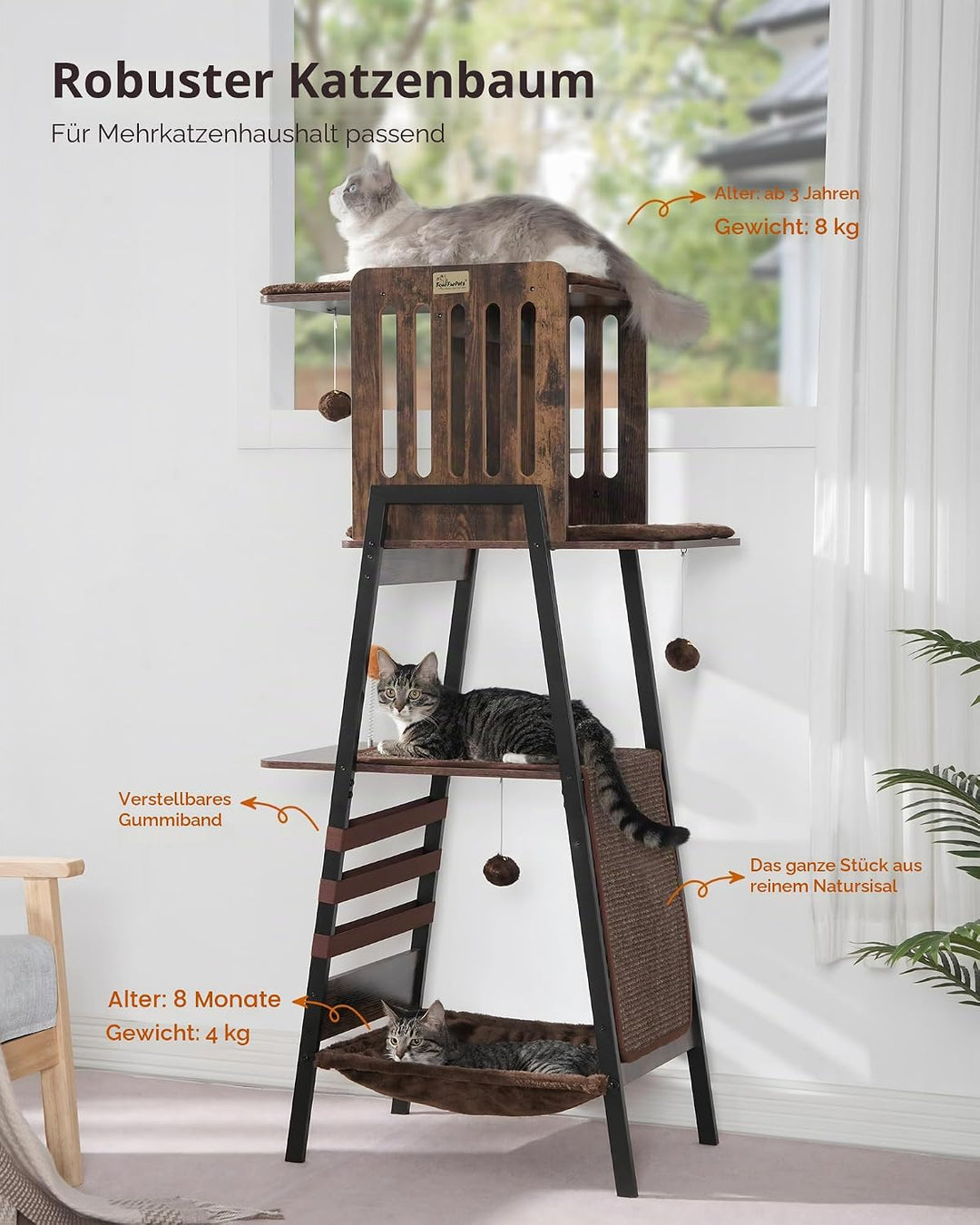 FourFurPets 147 cm Kratzbaum, Kratzbaum Grosse Katzen stabil, moderner katzenbaum für drinnen, hoher