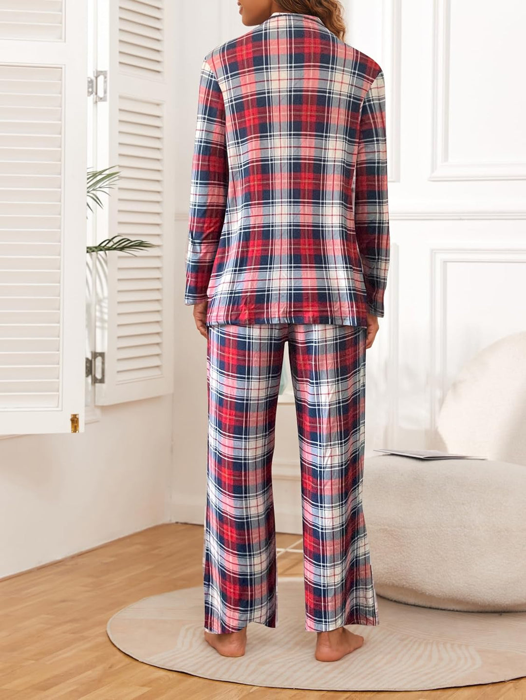 Famulily Frauen Langarm Pyjama Set Plaid Loungewear Sets Button Up Top und Wide Leg Hosen S-XXL S Ro