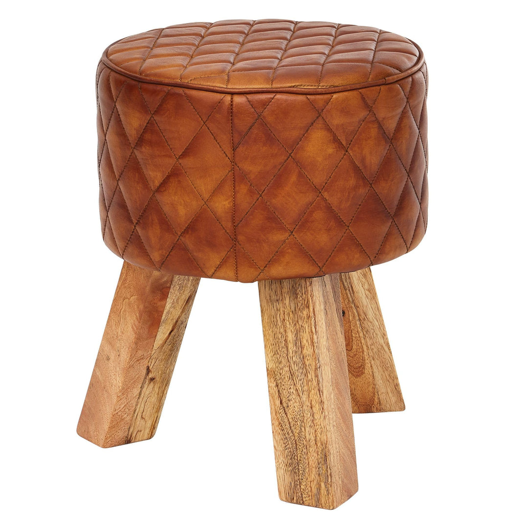FineBuy Sitzhocker Echtleder/Massivholz 35x46x35 cm Modern Fusshocker Rund | Turnbock Lederhocker Br