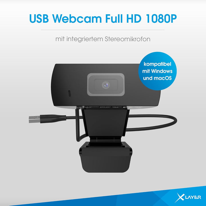 Xlayer Webcam 1080p I Full HD - Webcam mit Mikrofon I Plug & Play I Sichtfeld mit 70° I USB-Anschlus