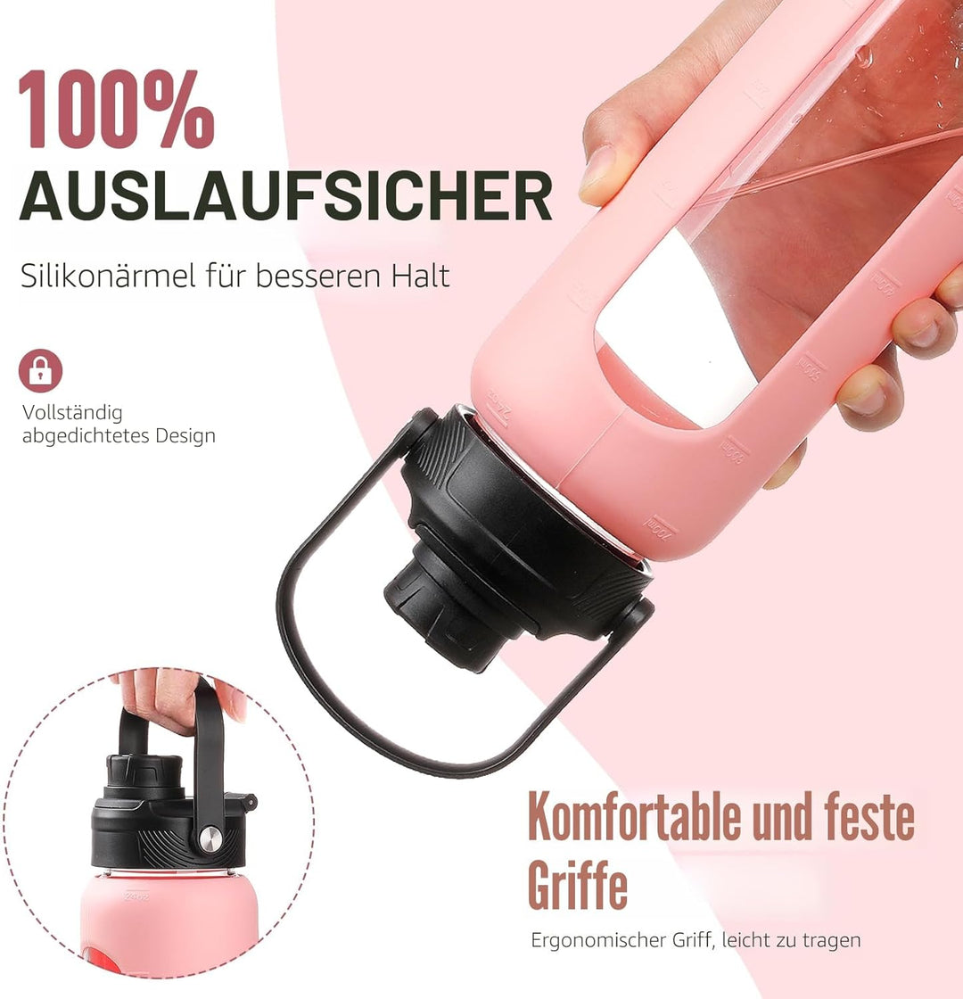 BLUEGO 700ml Glaswasserflasche mit Strohhalm und 2 Deckeln Kaffeetasse aus Glas mit Zeitmarkierung u