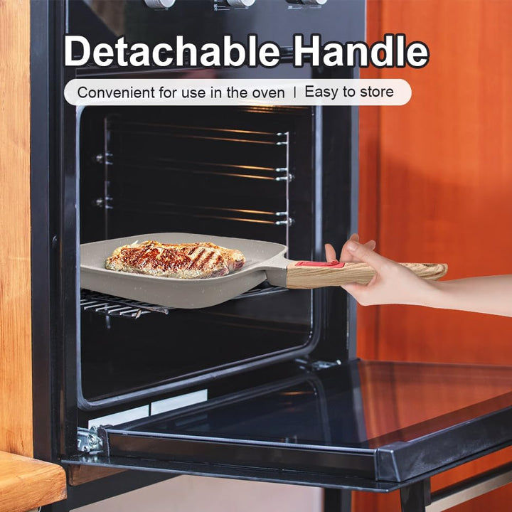 Grillpfanne Induktion mit Abnehmbarer Griff, 26 x 24 cm Steakpfanne mit Deckel Antihaft Beschichtet