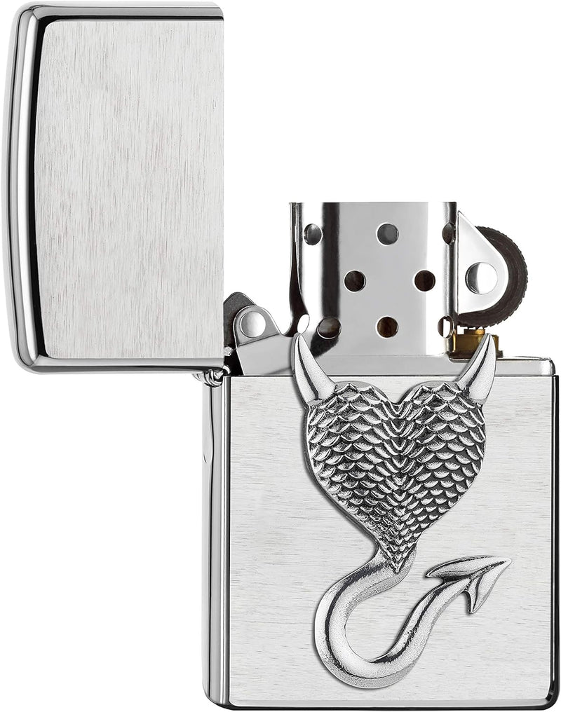 ZIPPO 2007136 – Sturmfeuerzeug, Devil Heart, Mini EmblemAttached,ChromeBrushed,nachfüllbar,inhochwer