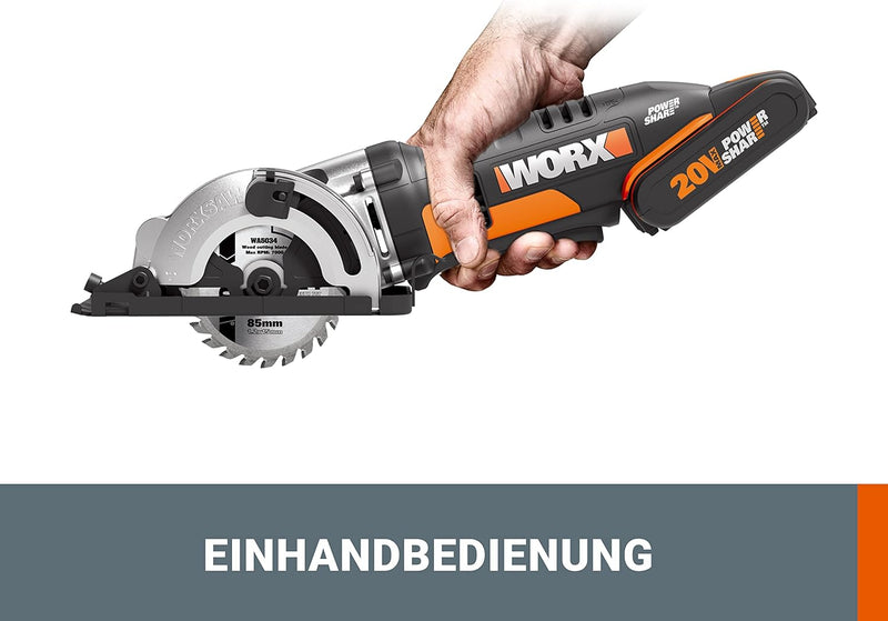 WORX WX527.9 Worxsaw Akku Handkreissäge 20V - Tauch- und Sägeschnitte bis zu 27mm, Einhandbedienung