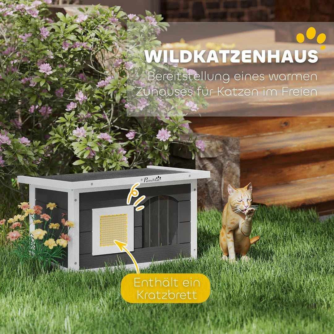 PawHut Katzenhaus aus Holz wasserdicht Katzenhütte mit klappbar Asphaltdach Kratzmatte herausnehmbar