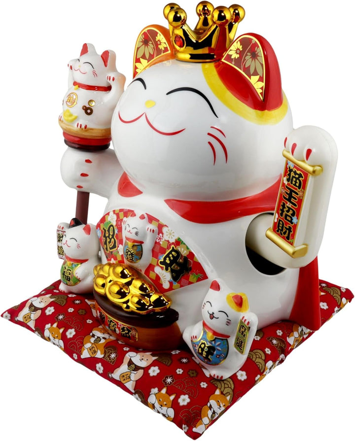 Freak Scene Glückskatze Maneki-Neko Winkekatze Krone Porzellan 26cm weiss winkende Katze Lucky cat
