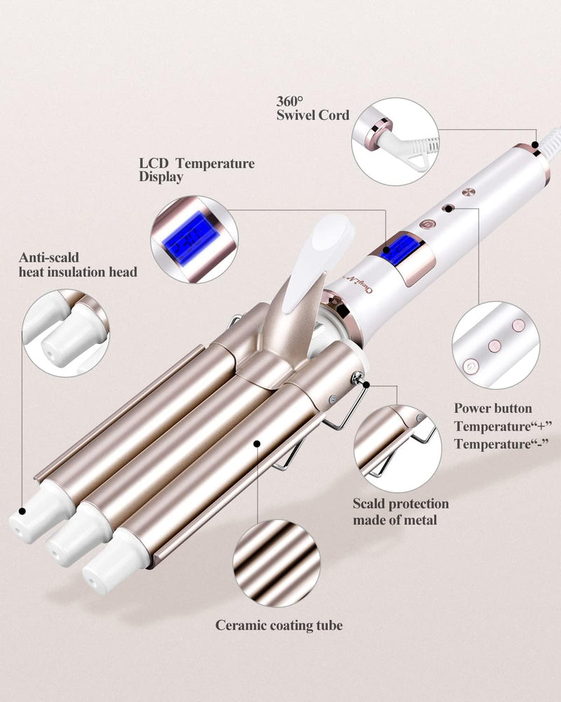 Lockenstab mit 3 Heizstäben (Halterung aus Metall + 1,7 m Kabel, 360° drehbar + Spannung: 110 – 220