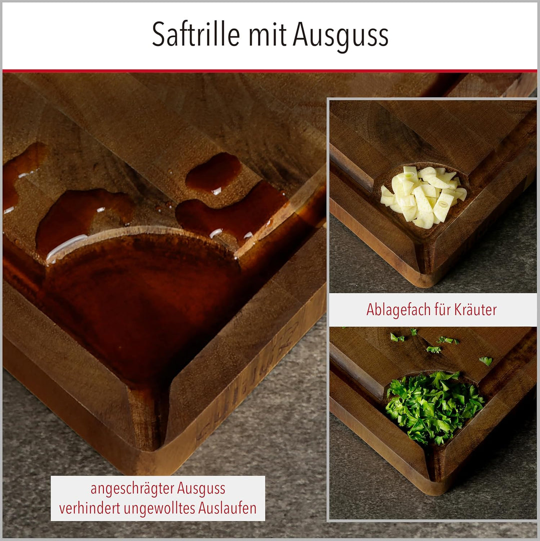 Gourmet Schneidebrett L Stirnholz Walnuss 2-seitig 40 x 30 x 3 cm mit Saftrille antiseptisches Hirnh
