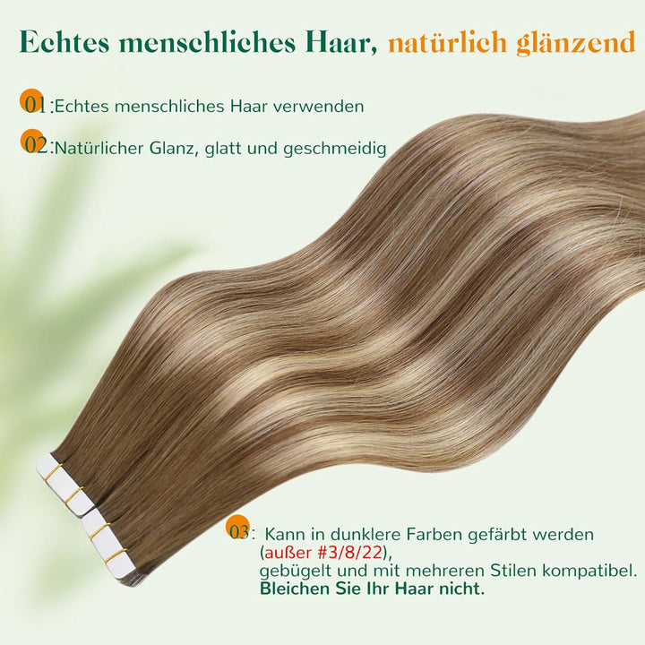 Easyouth Tape on Extension Echthaar Haarverlangerung Tape in Echthaar Farbe Darker Brown Mix Mittelb