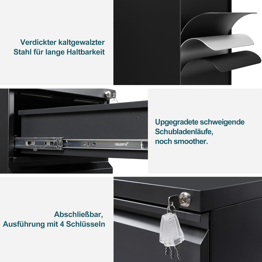 LVSTEEL Rollcontainer, Aktenschrank Abschliessbar mit 4 Schlüsseln, Büroschrank aus Metall, Aktensch