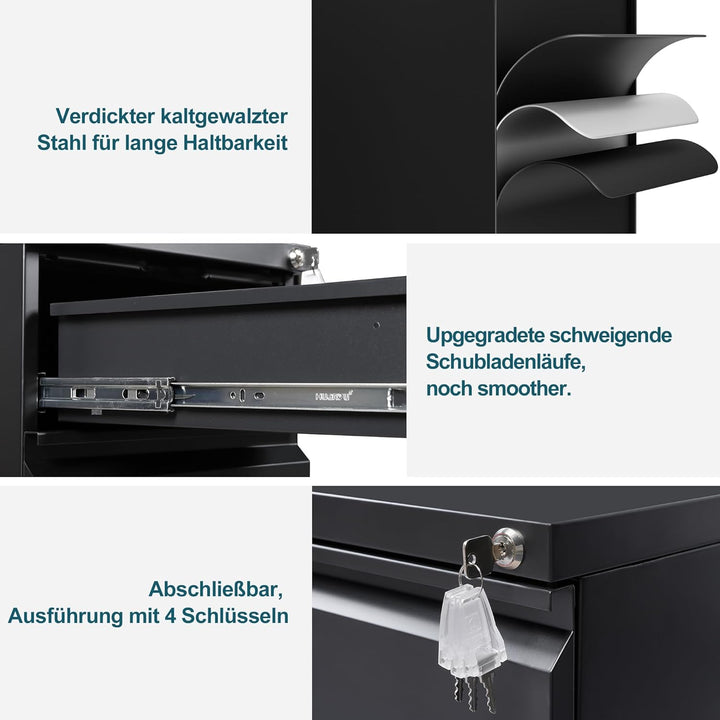LVSTEEL Rollcontainer, Aktenschrank Abschliessbar mit 4 Schlüsseln, Büroschrank aus Metall, Aktensch