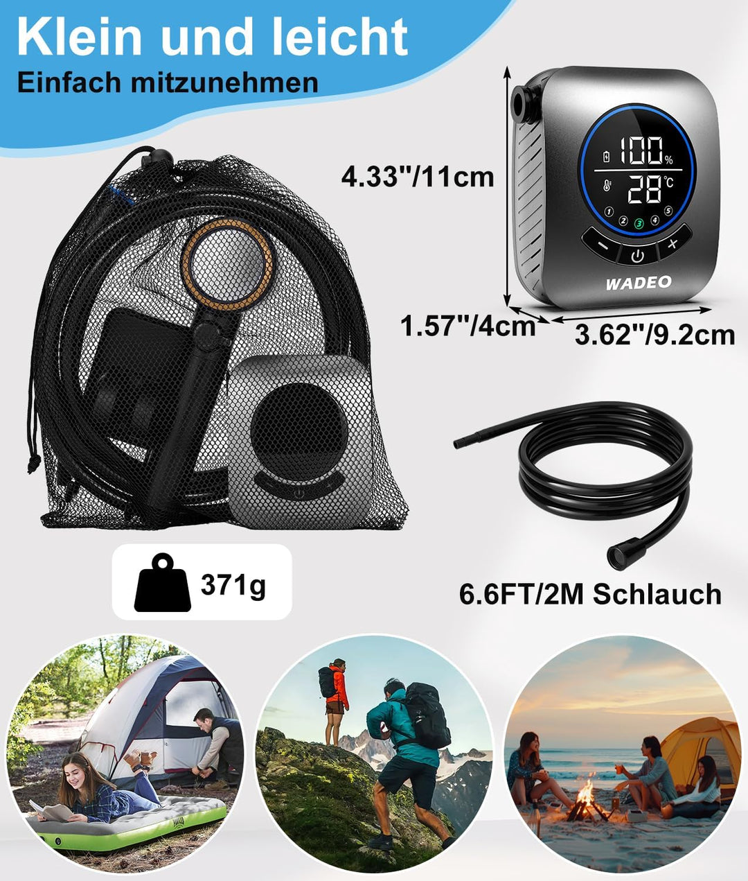 WADEO Tragbare Dusche mit Pumpe, 8000mAh wiederaufladbare Campingdusche mit LED-Anzeige, Schnellkupp