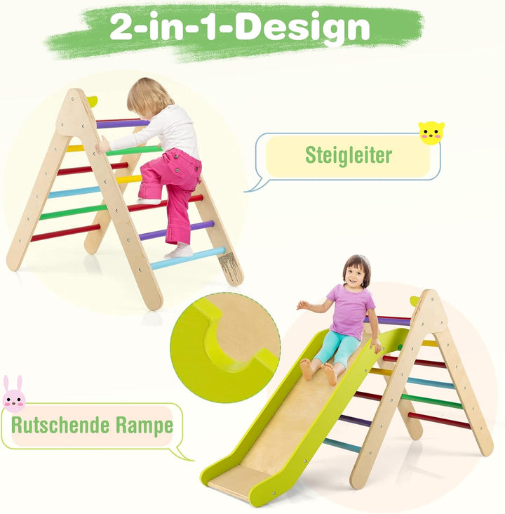 COSTWAY Kletterdreieck mit Rutsche, Klettergerüst aus Holz, Sprossendreieck zum Rutschen und Kletter