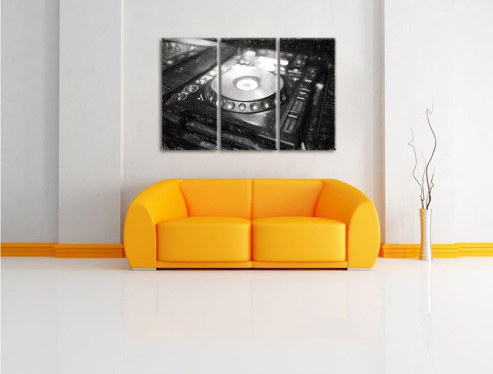 Pixxprint Grün beleuchteter DJ Pult Kohle Zeichnung Effekt 3-Teiler Leinwandbild 120x80 Bild auf Lei