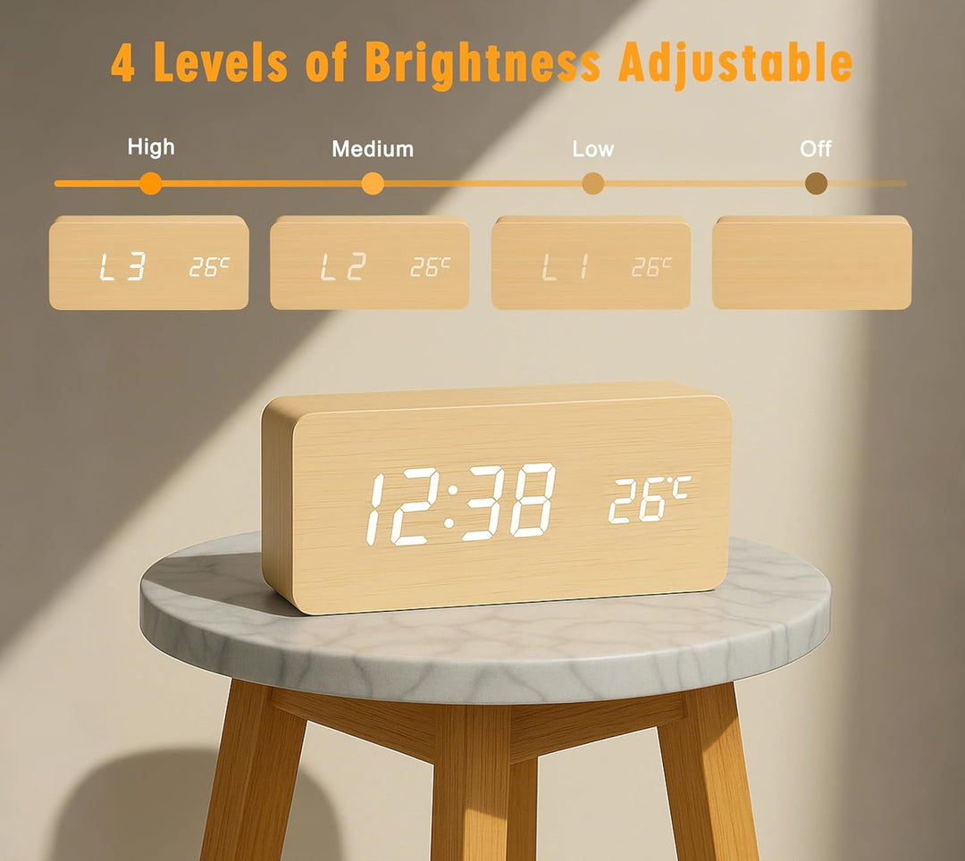 iTOMA Kleiner Holz-Wecker mit 3 Alarmen, manuellem Dimmer, 12-/24-Stunden-Format und weisser LED-Anz