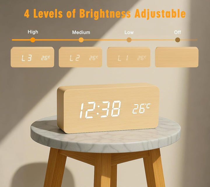 iTOMA Kleiner Holz-Wecker mit 3 Alarmen, manuellem Dimmer, 12-/24-Stunden-Format und weisser LED-Anz