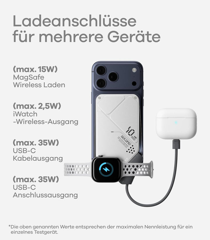 Aulumu M10 Magnetische Power Bank für MagSafe Powerbank 10000mAh Schnelllade mit Integrierte Kabel f