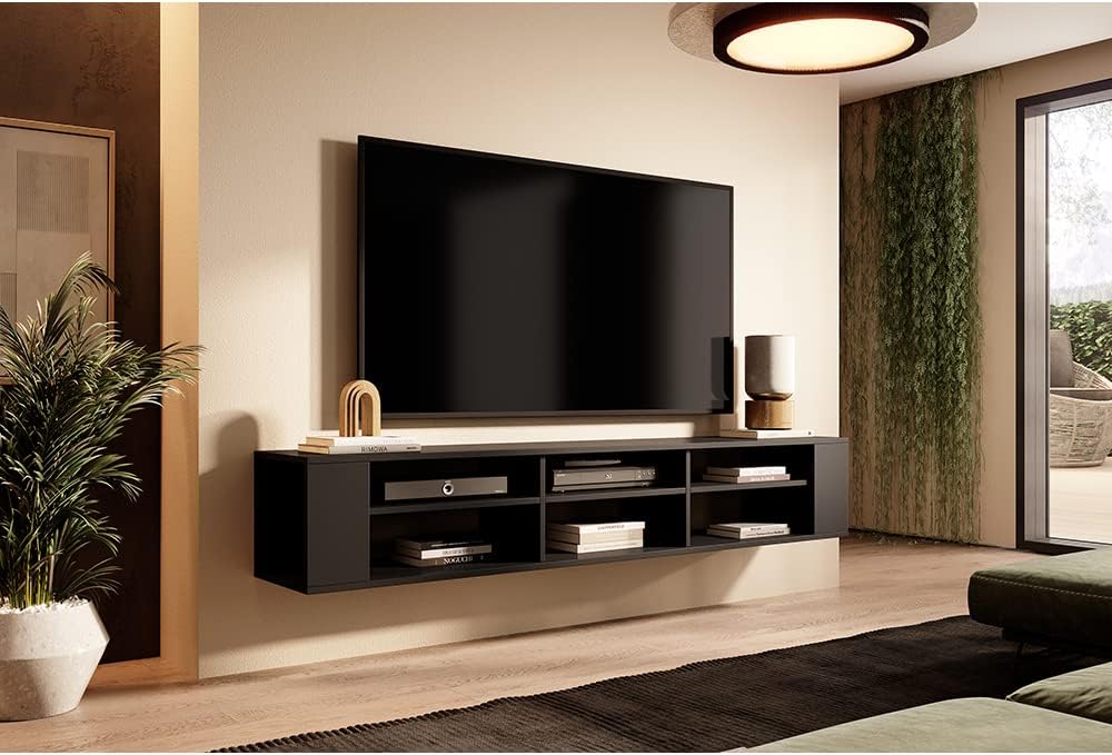 Selsey Weri - TV-Board hängend mit 6 offenen Fächern, minimalistisch, 175 cm breit (Schwarz), Schwar