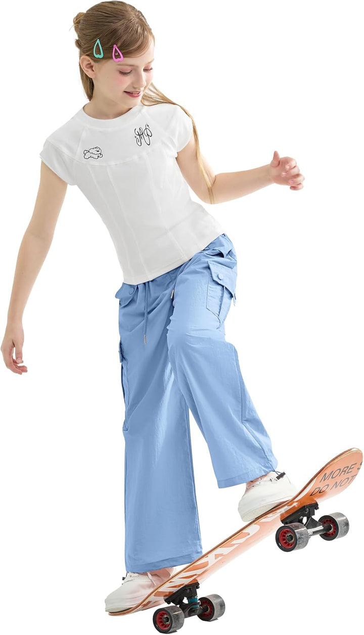 Rolanko Baggy Cargo Fallschirmhose für Mädchen, Y2K Vintage Jogger mit Verstellbarer Elastischer Tai