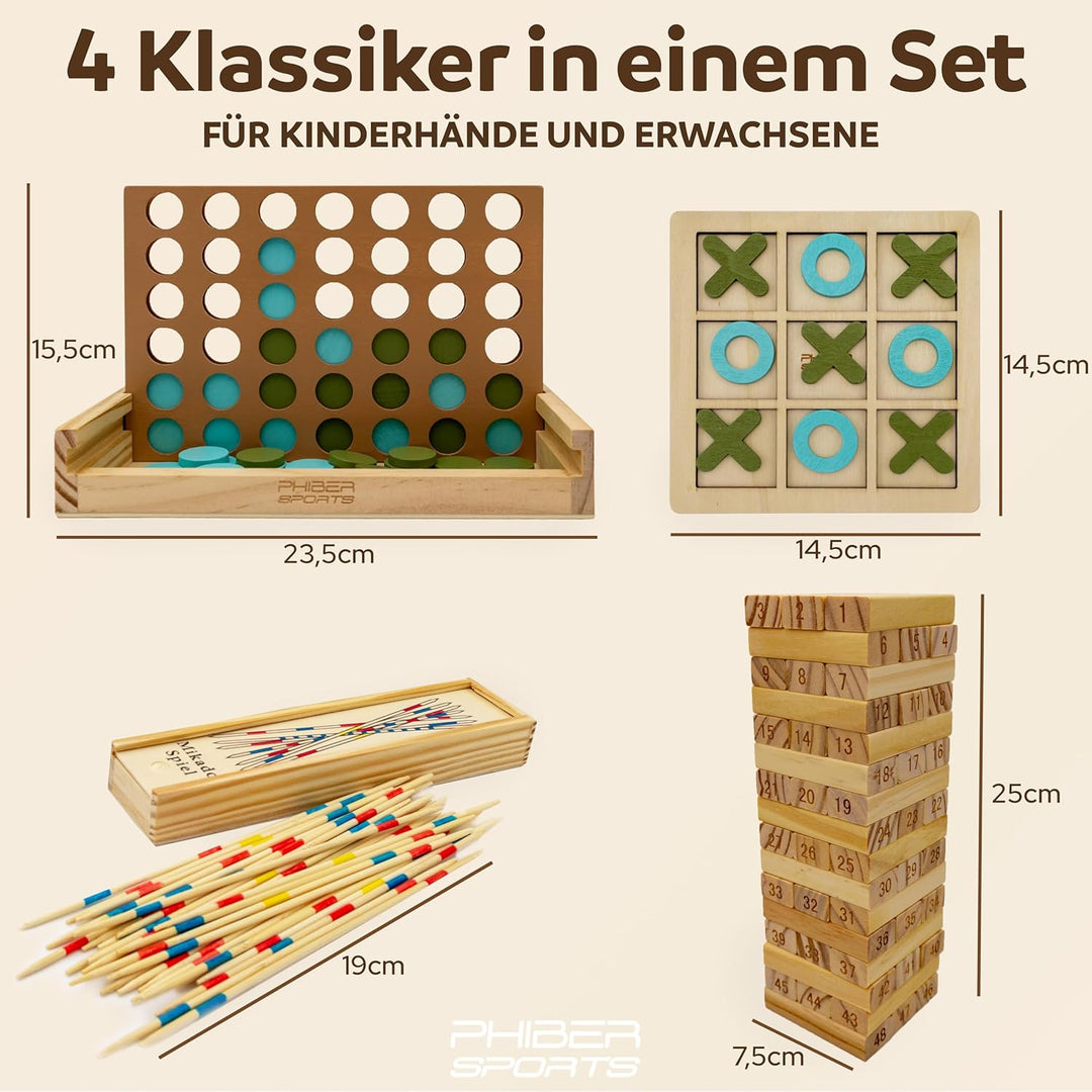 PHIBER-SPORTS 4-in-1 Holz Spielesammlung: Wackelturm, Vier-in-Einer-Reihe, Tic Tac Toe & Mikado Kind