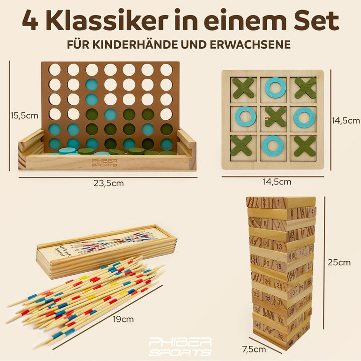 PHIBER-SPORTS 4-in-1 Holz Spielesammlung: Wackelturm, Vier-in-Einer-Reihe, Tic Tac Toe & Mikado Kind