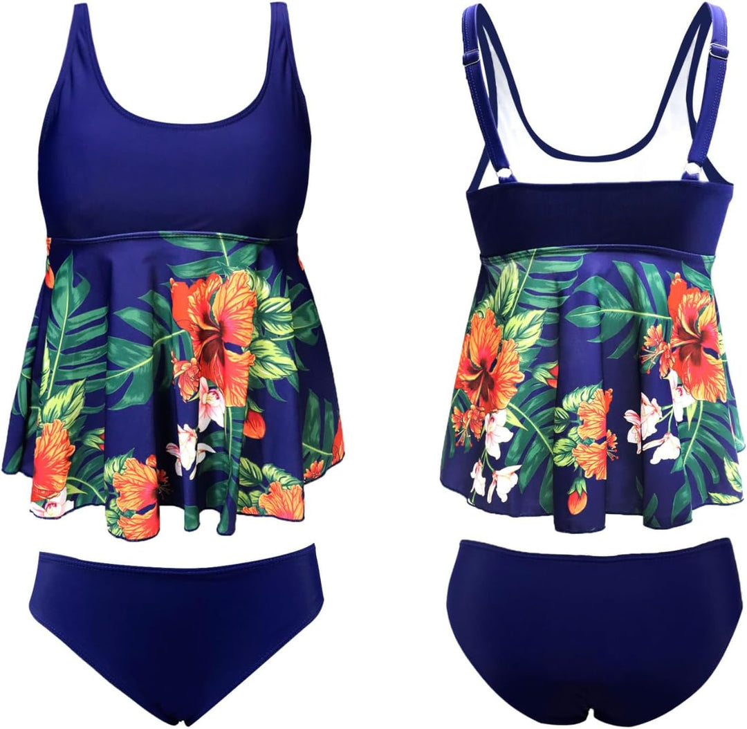 JFAN Tankini Damen Badeanzug Damen Bauchweg mit Rüschen Badekleider und Bikinihose M Navy+blätter, M