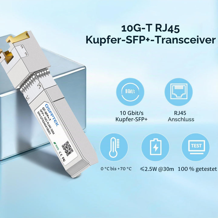 QSFPTEK 10GBASE-T SFP+ RJ45 Transceiver up to 80m, 10G SFP+ to RJ45 Copper Mini-GBIC Modul für Cisco