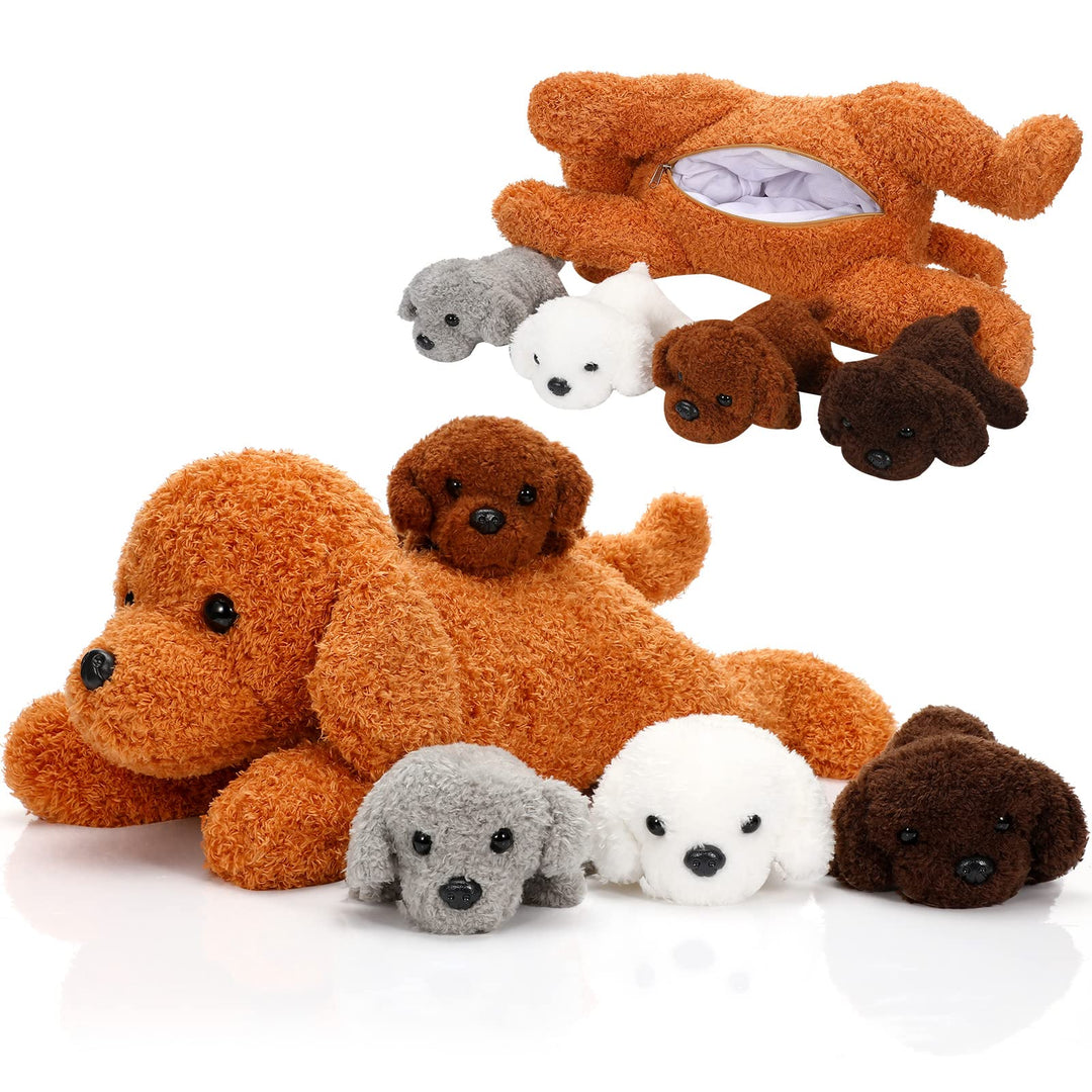 Skylety 5 Stück Welpen Kuscheltiere Mama Hundebauch mit 4 Niedlichen Plüschtier Hunde Spielzeug Kiss