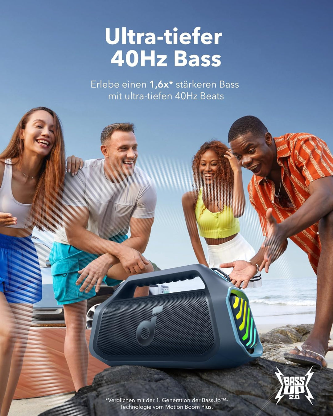 soundcore by Anker Boom 2 Plus, Outdoor Lautsprecher, 140W, 2+2 Stereoklang | BassUp 2.0, 20h, 30W S