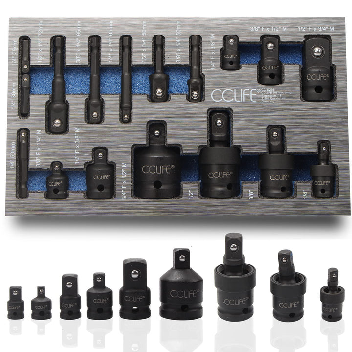 CCLIFE 17tlg Stecknuss Adapter für Schlagschrauber 1/4' 3/8' 1/2' 3/4' Bit Nuss & Kardangelenk | Cr-