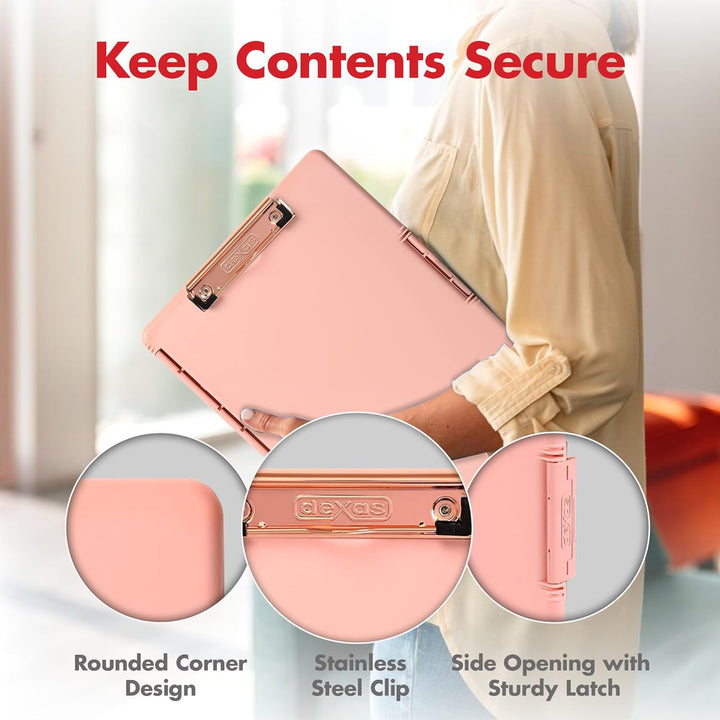 Dexas Slimcase 2, Kunststoff-Klemmbrett mit Aufbewahrung und seitlicher Öffnung, Blush Pink mit rosé
